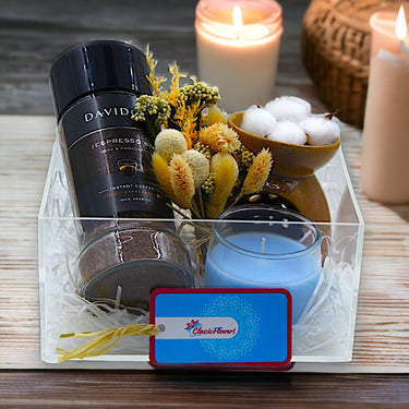 Tranquil Ambiance Set, Davidoff Espresso, Scented Candles, Oil Burner, Dried Flowers, Acrylic Box